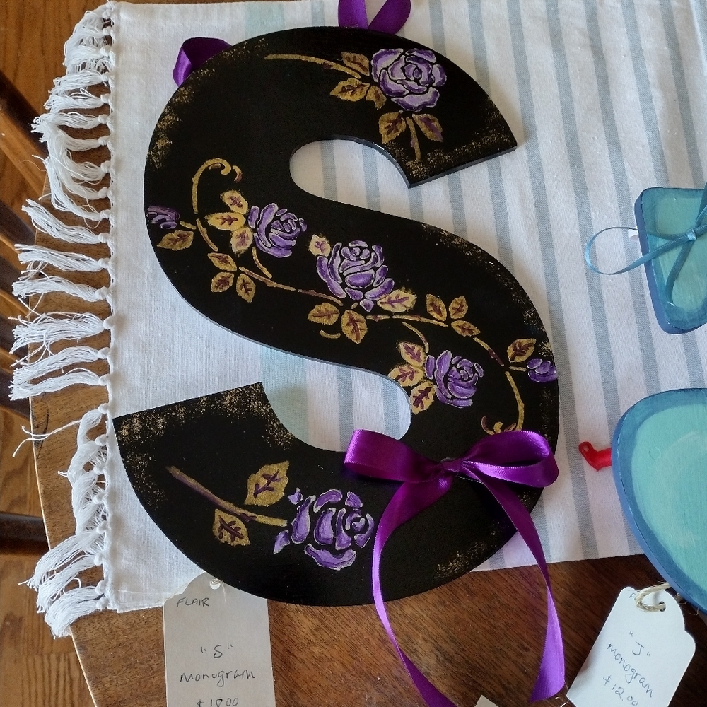 Black Monogram Letter S with Purple Floral Design